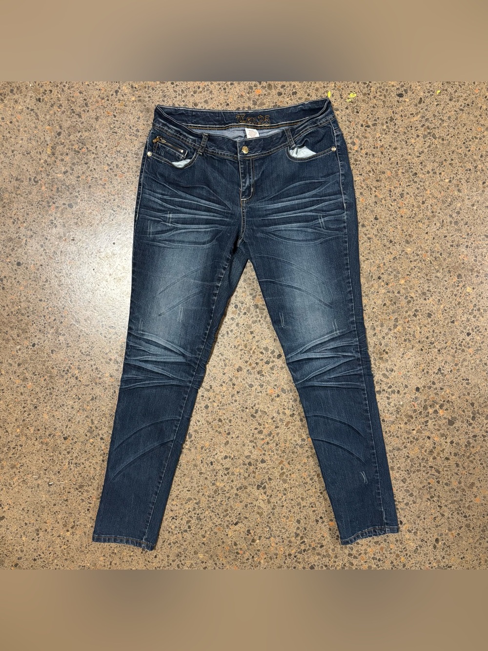 Y2K Gen 25 Brand Jeans (16) Denim, Wash, Whiskers, Skinny Ankle, Blue, Gold